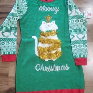 Green Christmas Cat Sweater Dress